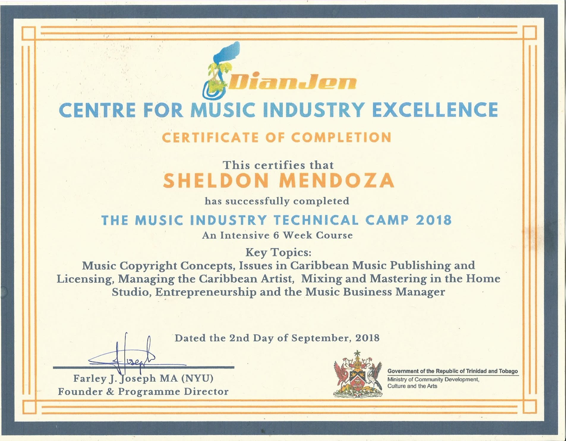 The Music Industry Technical Camp 2018 certificate of completion — DianJen Centre for Music Industry Excellence, 2018