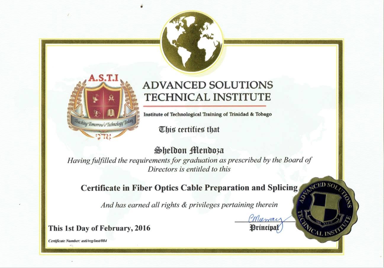 Fiber Optics Cable Preparation and Splicing certificate — Advanced Solutions Technical Institute, 2016