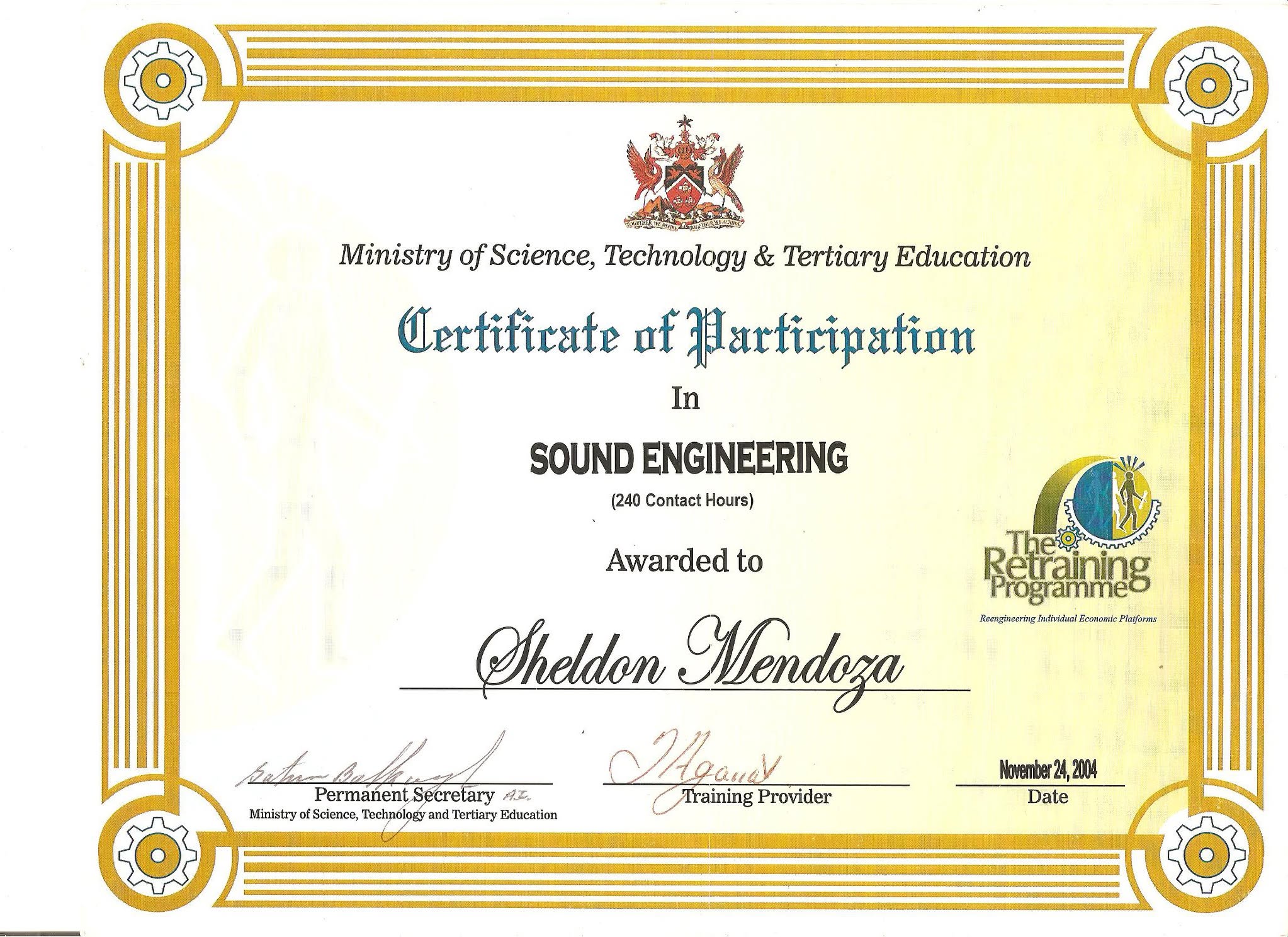 Sound Engineering certificate of participation — Ministry of Science, Technology and Tertiary Education, 2004