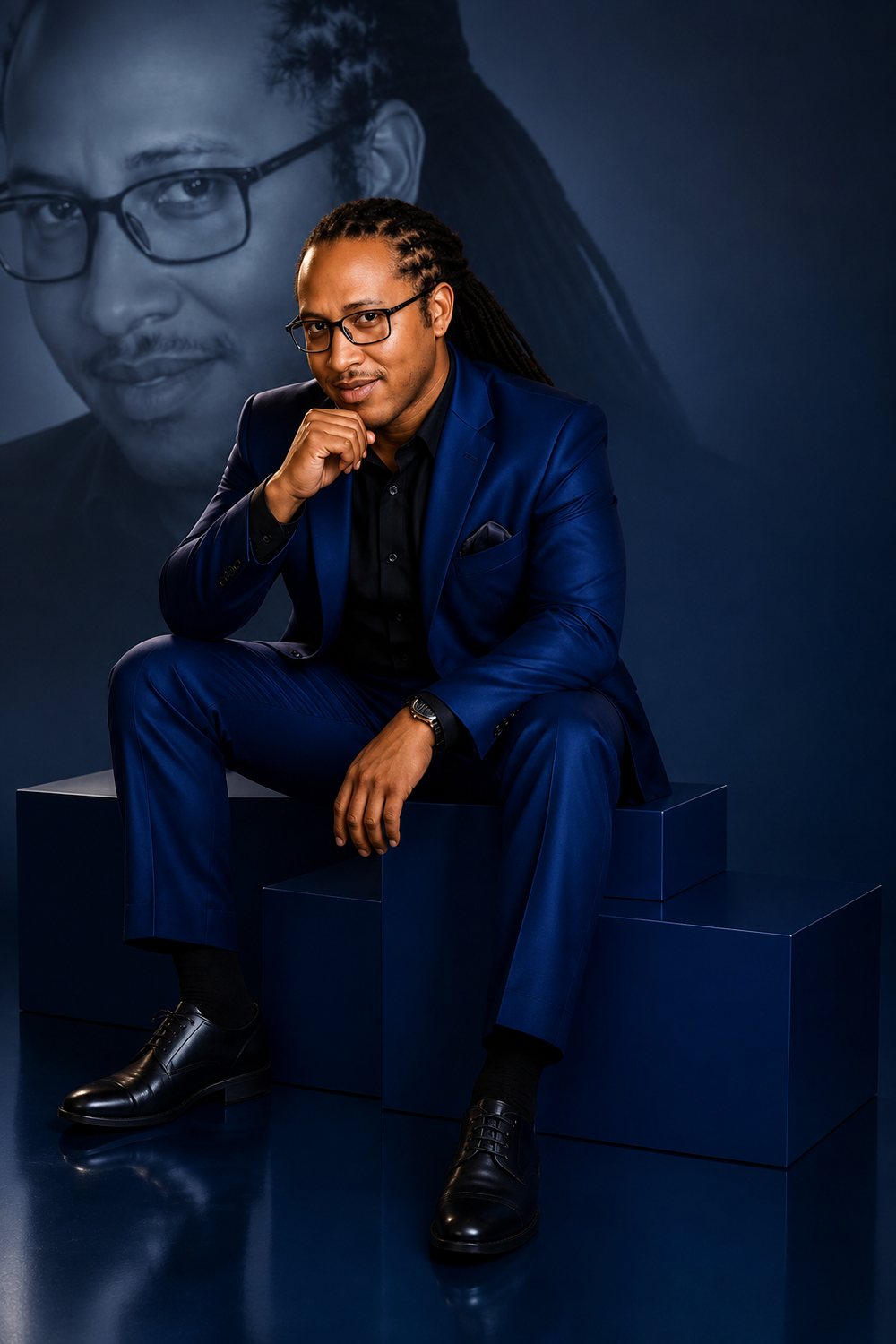 Portrait of Sheldon Mendoza in a royal blue suit